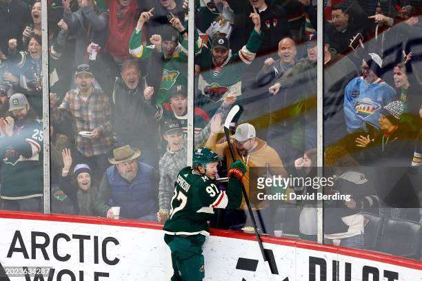Kirill Kaprizov of the Minnesota Wild celebrates his goal against the Vancouver Canucks in the third period at Xcel Energy Center on February 19,...