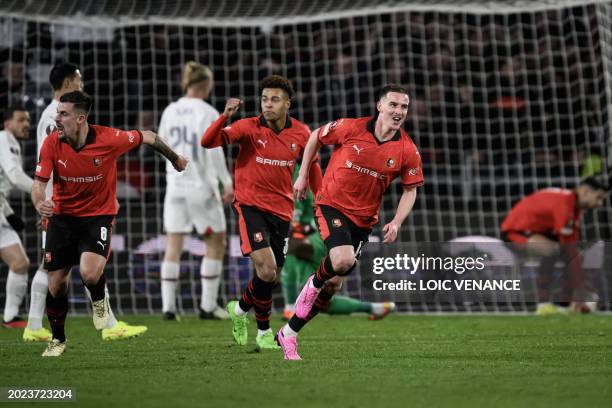 Rennes' French midfielder Benjamin Bourigeaud celebrates scoring his team's first goal during the UEFA Europa League round of 16 play-off match...