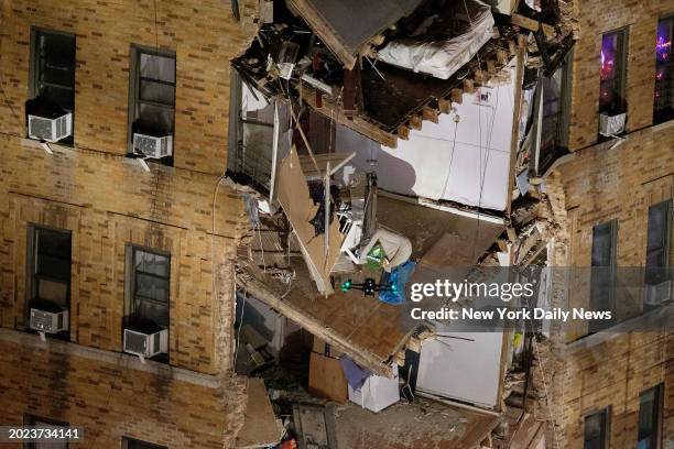 An FDNY drone is seen searching for victims after a partial building collapse on West Burnside Avenue and Phelan Place in the Bronx, New York City on...