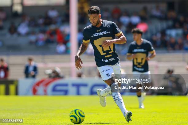Nathanael Ananias of Pumas drives the ball during the 6th round match between Pumas UNAM and Puebla as part of the Torneo Clausura 2024 Liga MX at...