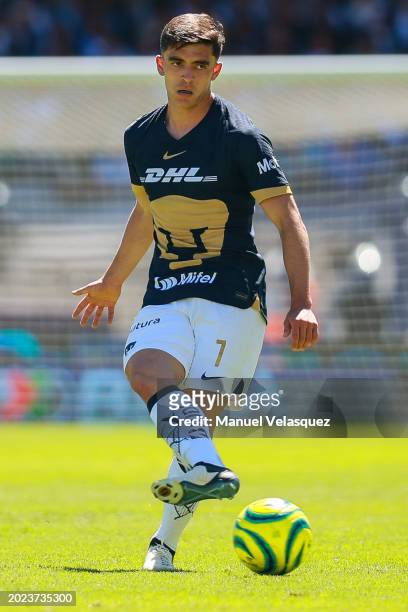 Rodrigo López of Pumas kicks the ball during the 6th round match between Pumas UNAM and Puebla as part of the Torneo Clausura 2024 Liga MX at Estadio...