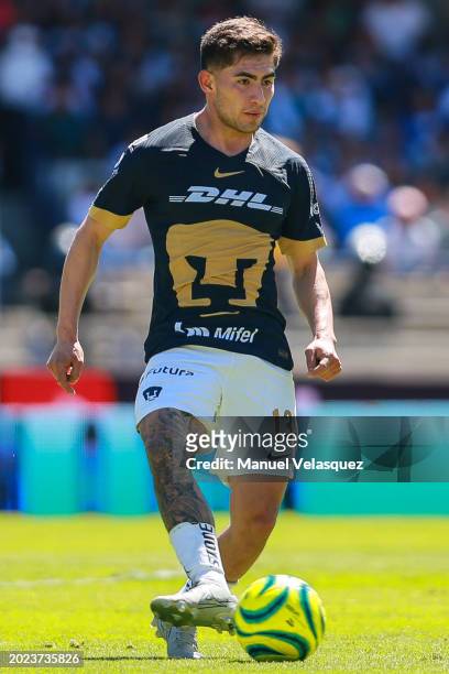 Pablo Monroy of Pumas drives the ball during the 6th round match between Pumas UNAM and Puebla as part of the Torneo Clausura 2024 Liga MX at Estadio...