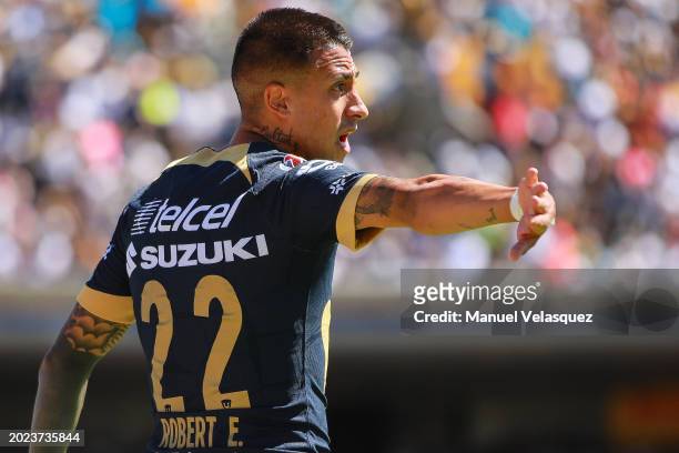 Robert Ergas of Pumas gestures during the 6th round match between Pumas UNAM and Puebla as part of the Torneo Clausura 2024 Liga MX at Estadio...