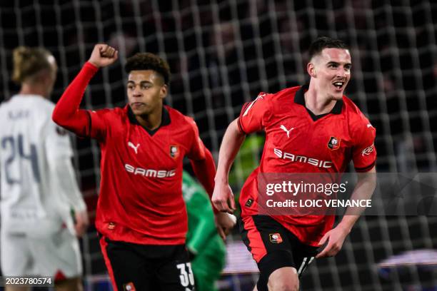 Rennes' French midfielder Benjamin Bourigeaud celebrates scoring his team's first goal during the UEFA Europa League round of 16 play-off match...