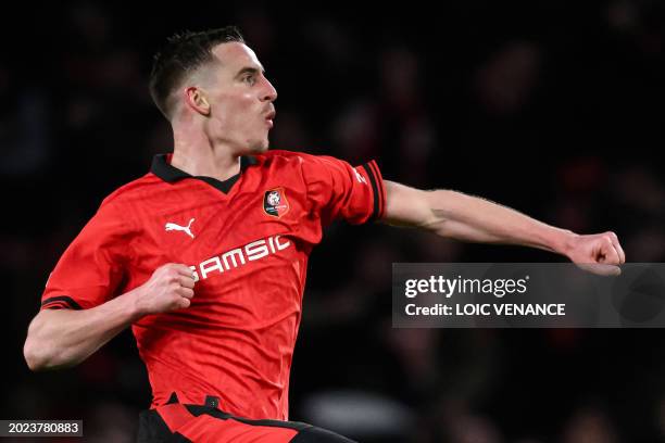 Rennes' French midfielder Benjamin Bourigeaud celebrates scoring his team's first goal during the UEFA Europa League round of 16 play-off match...