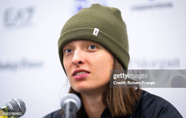 Iga Swiatek of Poland talks to the media after defeating Qinwen Zheng of China in the quarter-final on Day 5 of the Dubai Duty Free Tennis...