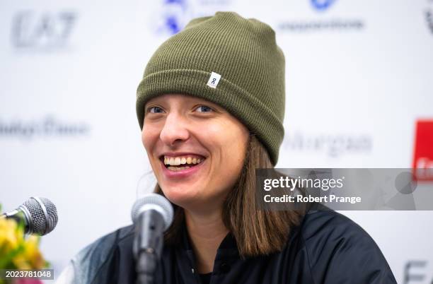 Iga Swiatek of Poland talks to the media after defeating Qinwen Zheng of China in the quarter-final on Day 5 of the Dubai Duty Free Tennis...