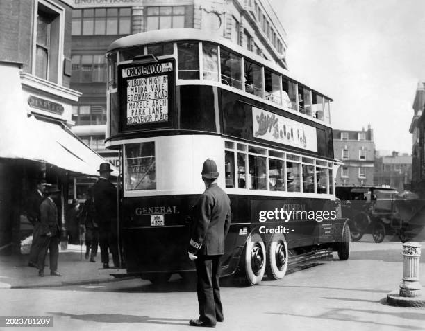 The luxury travelling for the general public, the new six wheel pneumatic double decker omnibus pictured in the 1920s on the first trip from...