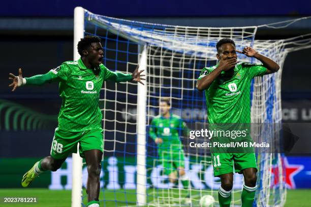 Cedric Bakambu of Real Betis celebrates after scoring his team's first goal during the UEFA Europa Conference League 2023/24 round of 16 second leg...