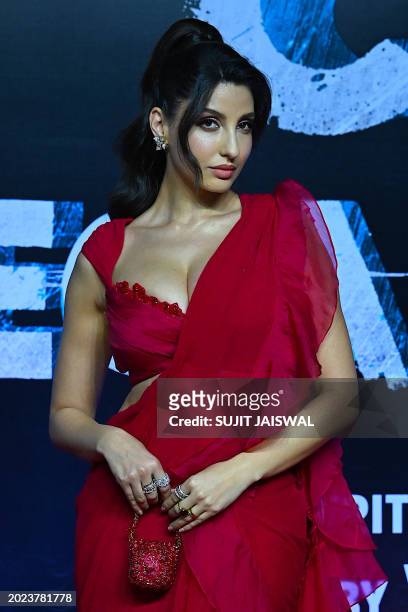 Bollywood actress Nora Fatehi poses upon her arrival for the Premiere of his Indian Hindi-language sports action film 'Crakk-Jeetega Toh Jiyegaa' in...