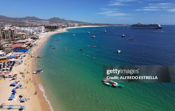 Aereal view of a beach resort in Los Cabos, Baja California state, Mexico, taken on February 22, 2024.