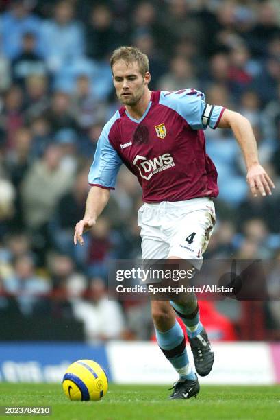 Olof Mellberg of Aston Villa on the ball during the Premier League match between Aston Villa and Portsmouth at Villa Park on November 6, 2004 in...