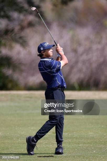 Charlie Woods, son of Tiger Woods, hits a shot from the fairway during pre-qualifying for The Cognizant Classic in The Palm Beaches at Lost Lake Golf...