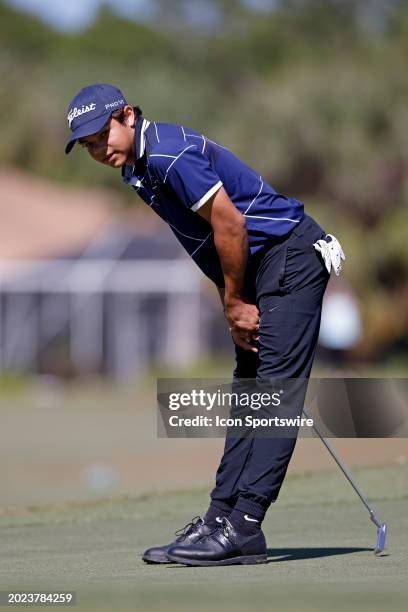 Charlie Woods, son of Tiger Woods, reacts after a missed putt during pre-qualifying for The Cognizant Classic in The Palm Beaches at Lost Lake Golf...