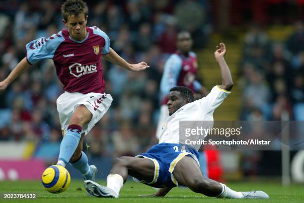Lee Hendrie of Aston Villa and Valery Mezague of Portsmouth challenge during the Premier League match between Aston Villa and Portsmouth at Villa...