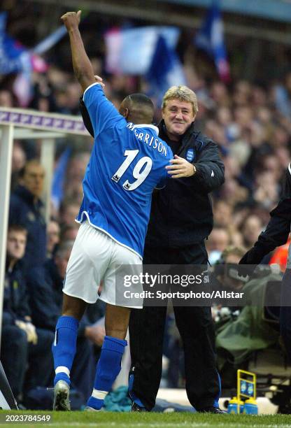 Clinton Morisson and Steve Bruce Manager of Birmingham City celebrate during the Premier League match between Birmingham City and Norwich City at...