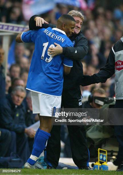 Clinton Morisson and Steve Bruce Manager of Birmingham City celebrate during the Premier League match between Birmingham City and Norwich City at...