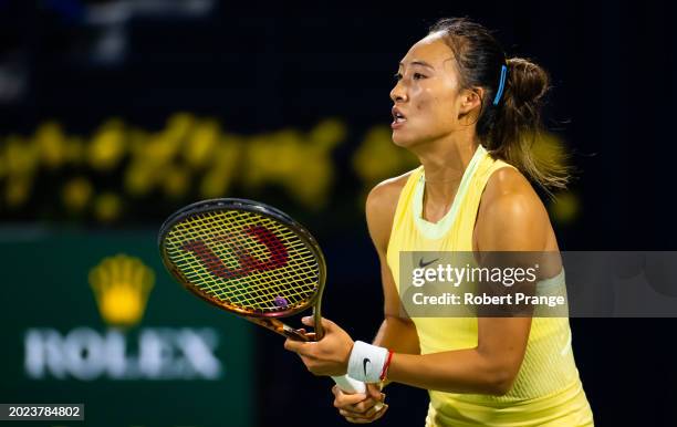 Qinwen Zheng of China in action against Iga Swiatek of Poland in the quarter-final on Day 5 of the Dubai Duty Free Tennis Championships, part of the...