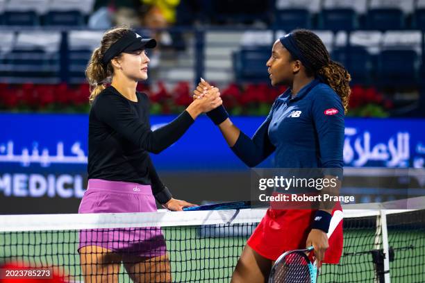 Anna Kalinskaya and Coco Gauff of the United States shake hands at the net after the quarter-final on Day 5 of the Dubai Duty Free Tennis...