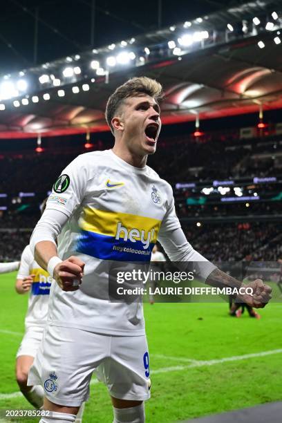 Union's Dennis Eckert Ayensa celebrates after scoring during a soccer game between Germany's Eintracht Frankfurt and Belgians Royale Union Saint...