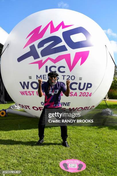 Chris Gayle of the West Indies poses at the launch of 100 days to go to start of the ICC Men's T20 World Cup 2024 at Freedom Park in Bridgetown,...