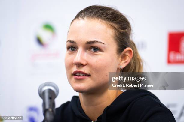 Anna Kalinskaya talks to the media after defeating Coco Gauff of the United States in the quarter-final on Day 5 of the Dubai Duty Free Tennis...