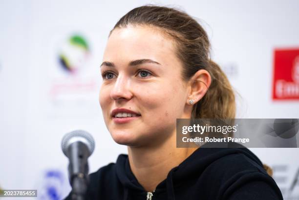 Anna Kalinskaya talks to the media after defeating Coco Gauff of the United States in the quarter-final on Day 5 of the Dubai Duty Free Tennis...