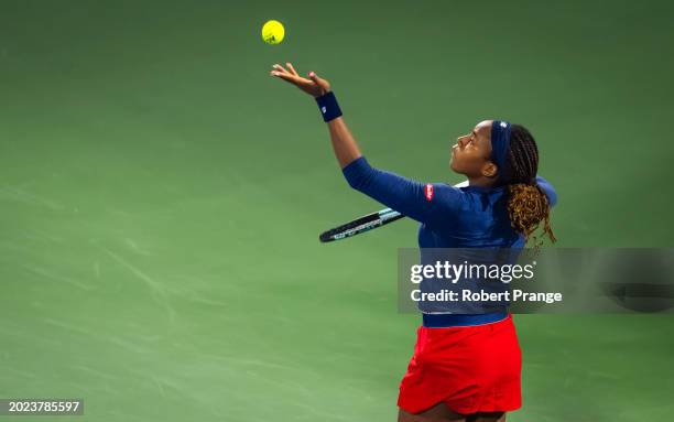 Coco Gauff of the United States in action against Anna Kalinskaya in the quarter-final on Day 5 of the Dubai Duty Free Tennis Championships, part of...