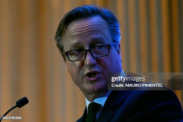 British Foreign Minister David Cameron speaks during an event to announce a partnership between Great Britain and Brazil for digital investments at...