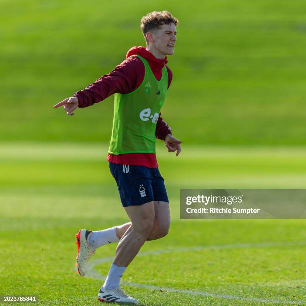 Ryan Yates of Nottingham Forest in action during a training session at The Nigel Doughty Academy on February 22, 2024 in Nottingham, England.