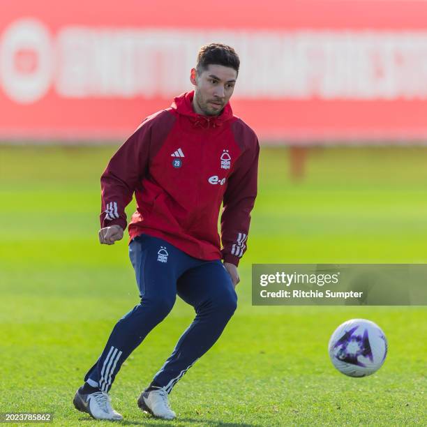 Gonzalo Montiel of Nottingham Forest in action during a training session at The Nigel Doughty Academy on February 22, 2024 in Nottingham, England.