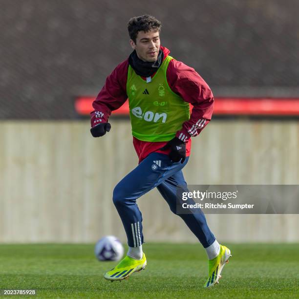 Gio Reyna of Nottingham Forest in action during a training session at The Nigel Doughty Academy on February 22, 2024 in Nottingham, England.