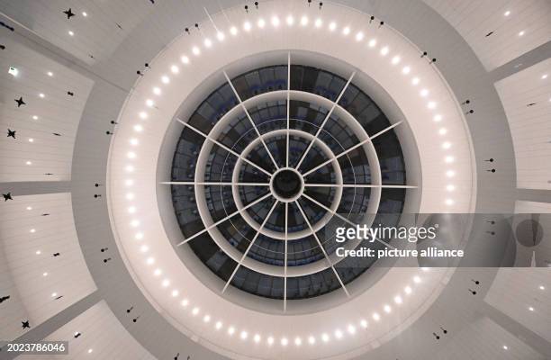 February 2024, Bavaria, Munich: Light shines on the ceiling of the rotunda in the Pinakothek der Moderne. It is currently hosting the exhibition...