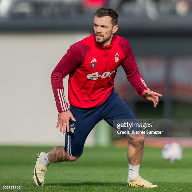 Harry Toffolo of Nottingham Forest in action during a training session at The Nigel Doughty Academy on February 22, 2024 in Nottingham, England.