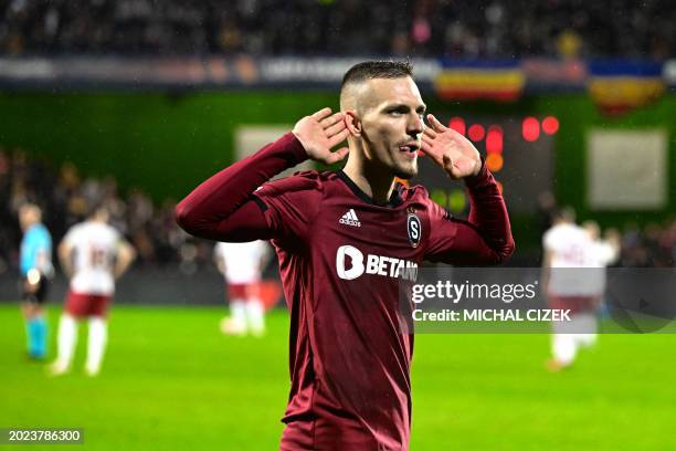 Sparta Praha's Slovak midfielder Lukas Haraslin celebrates his 3-1 during the UEFA Europa league knockout round play-off second leg football match...