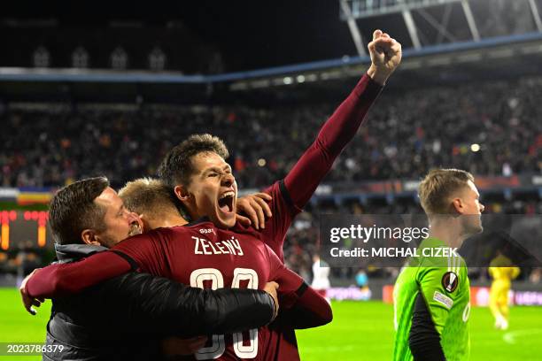 Sparta Praha's Czech defender Martin Vitik and Sparta Praha's Czech defender Jaroslav Zeleny celebrate during the UEFA Europa league knockout round...