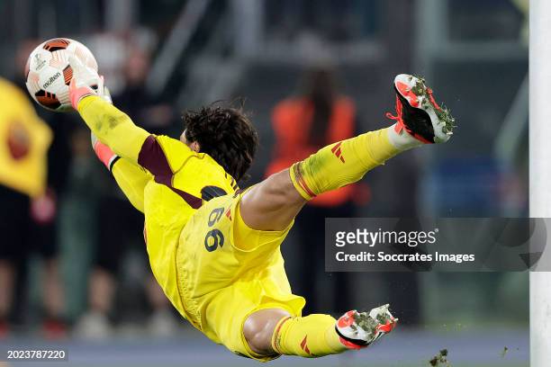 Mile Svilar of AS Roma stopping a penalty during the UEFA Europa League match between AS Roma v Feyenoord at the Stadio Olimpico Rome on February 22,...