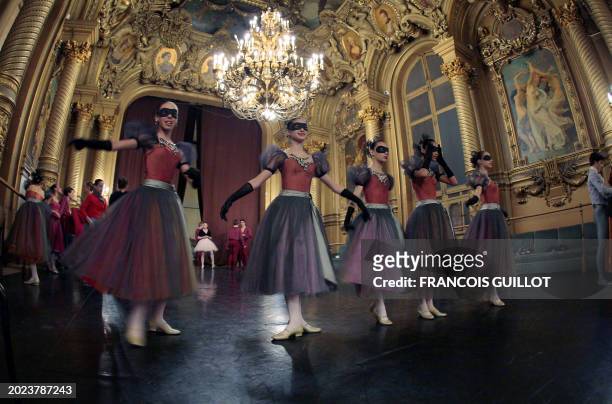 Students of the Paris Opera Ballet school in Nanterre dance during a rehearsal of "Peches de jeunesse" directed by Jean-Guillaume Bart on March 31 at...