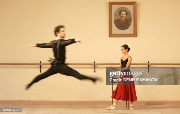 Opera National de Paris French ballet dancers Mathilde Froustey and Stephane Bullion rehearse at the classroom in Vaganova Ballet Academy in St...