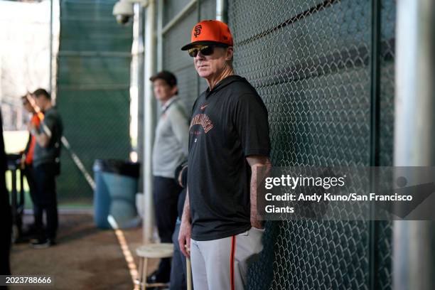 Manager Bob Melvin of the San Francisco Giants watches a bullpen session during the San Francisco Giants Spring Training workout at Scottsdale...