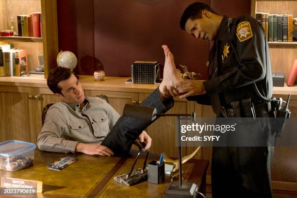 The Upper Hand" Episode 302 -- Pictured: Levi Fiehler as Mayor Ben Hawthorne, Corey Reynolds as Sheriff Mike Thompson --