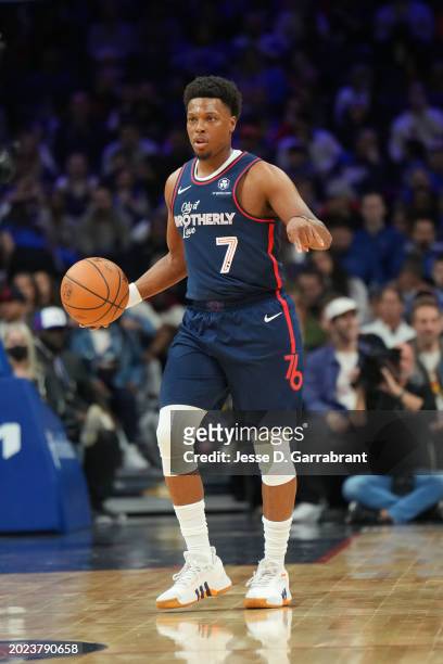 Kyle Lowry of the Philadelphia 76ers dribbles the ball during the game against the New York Knicks on February 22, 2024 at the Wells Fargo Center in...