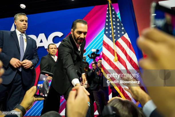 Nayib Bukele, El Salvador's president, center, greets attendees during the Conservative Political Action Conference in National Harbor, Maryland, US,...