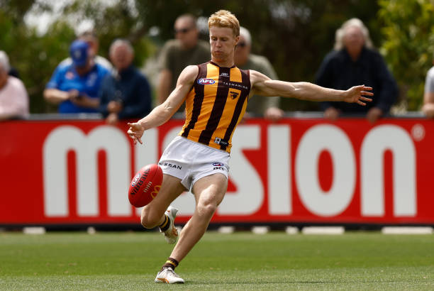 Cam Mackenzie of the Hawks in action during the AFL 2024 Match Simulation between the Western Bulldogs and Hawthorn at Whitten Oval on February 23,...