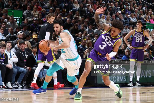 Vasilije Micic of the Charlotte Hornets dribbles the ball during the game against the Utah Jazz on February 22, 2024 at Delta Center in Salt Lake...