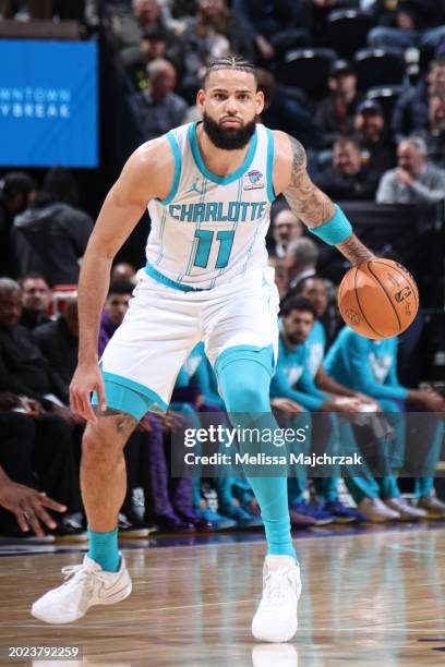 Cody Martin of the Charlotte Hornets dribbles the ball during the game against the Utah Jazz on February 22, 2024 at Delta Center in Salt Lake City,...