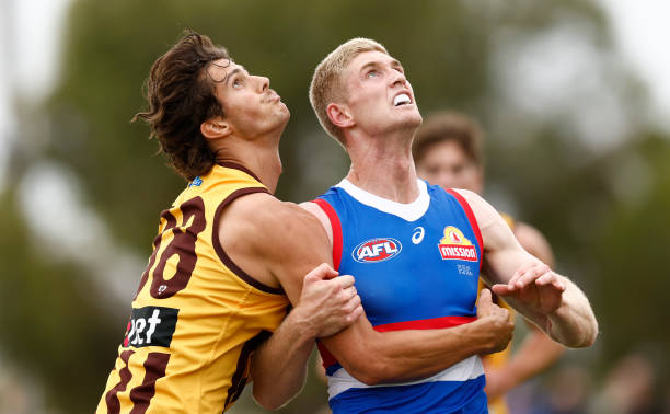 Tim English of the Bulldogs and Max Ramsden of the Hawks in action during the AFL 2024 Match Simulation between the Western Bulldogs and Hawthorn at...