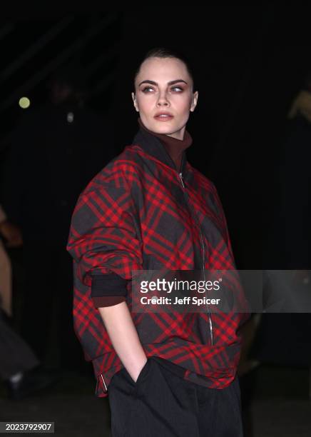Cara Delevingne attends the Burberry show during London Fashion Week February 2024 in Victoria Park on February 19, 2024 in London, England.