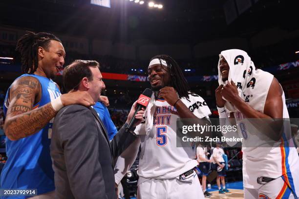 Luguentz Dort of the Oklahoma City Thunder talks to the media against the LA Clippers on February 22, 2024 at Paycom Arena in Oklahoma City,...