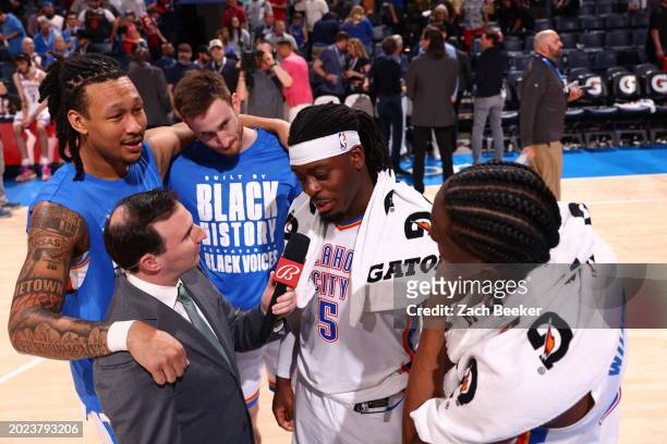 Luguentz Dort of the Oklahoma City Thunder talks to the media against the LA Clippers on February 22, 2024 at Paycom Arena in Oklahoma City,...